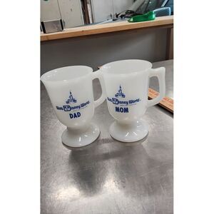 Disney World Mom & Dad Milk Glass Pedestal Mug Set Vintage Castle Logo Collectib